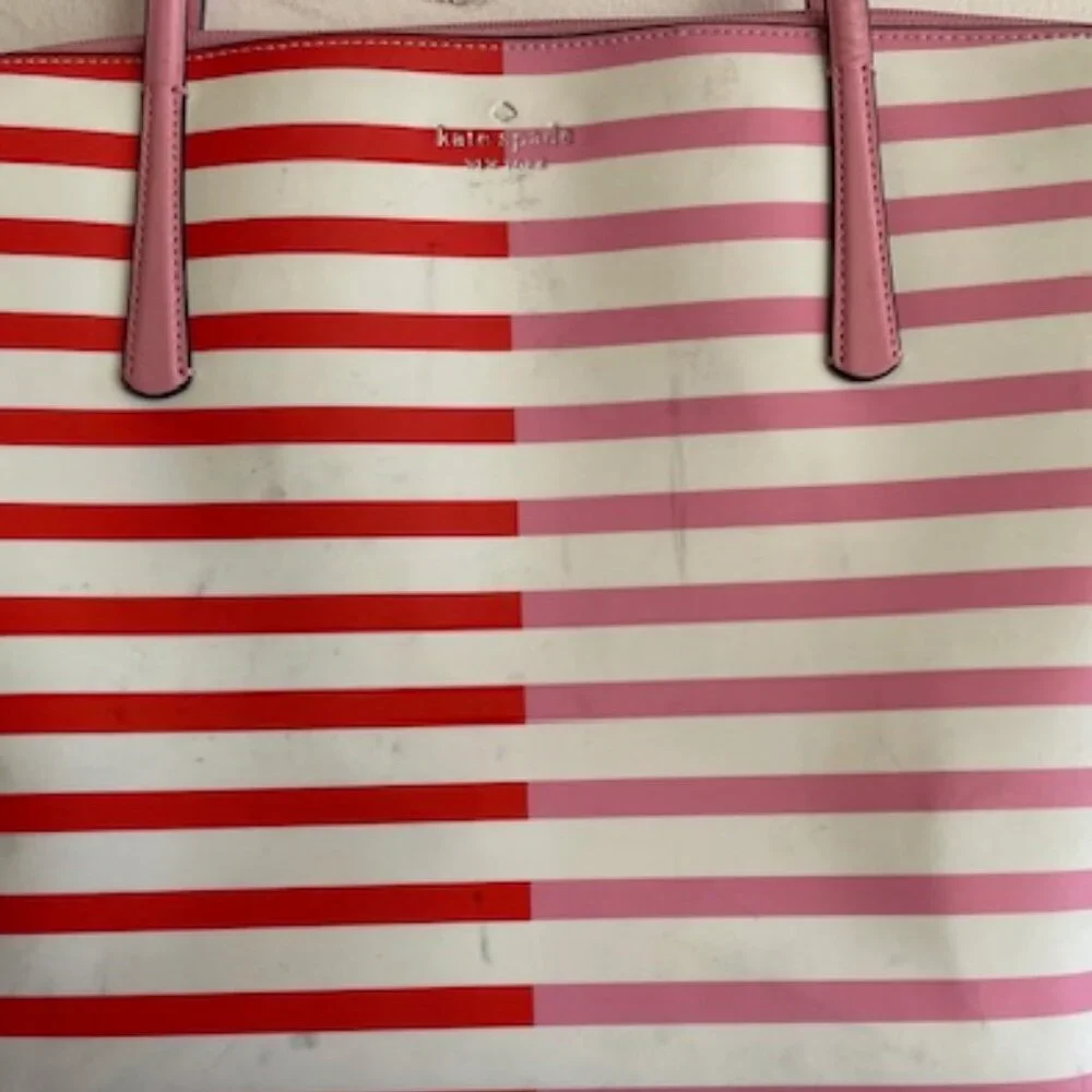 KATE SPADE New York Zina Red Pink White Stripe Large Coated Canvas Tote …